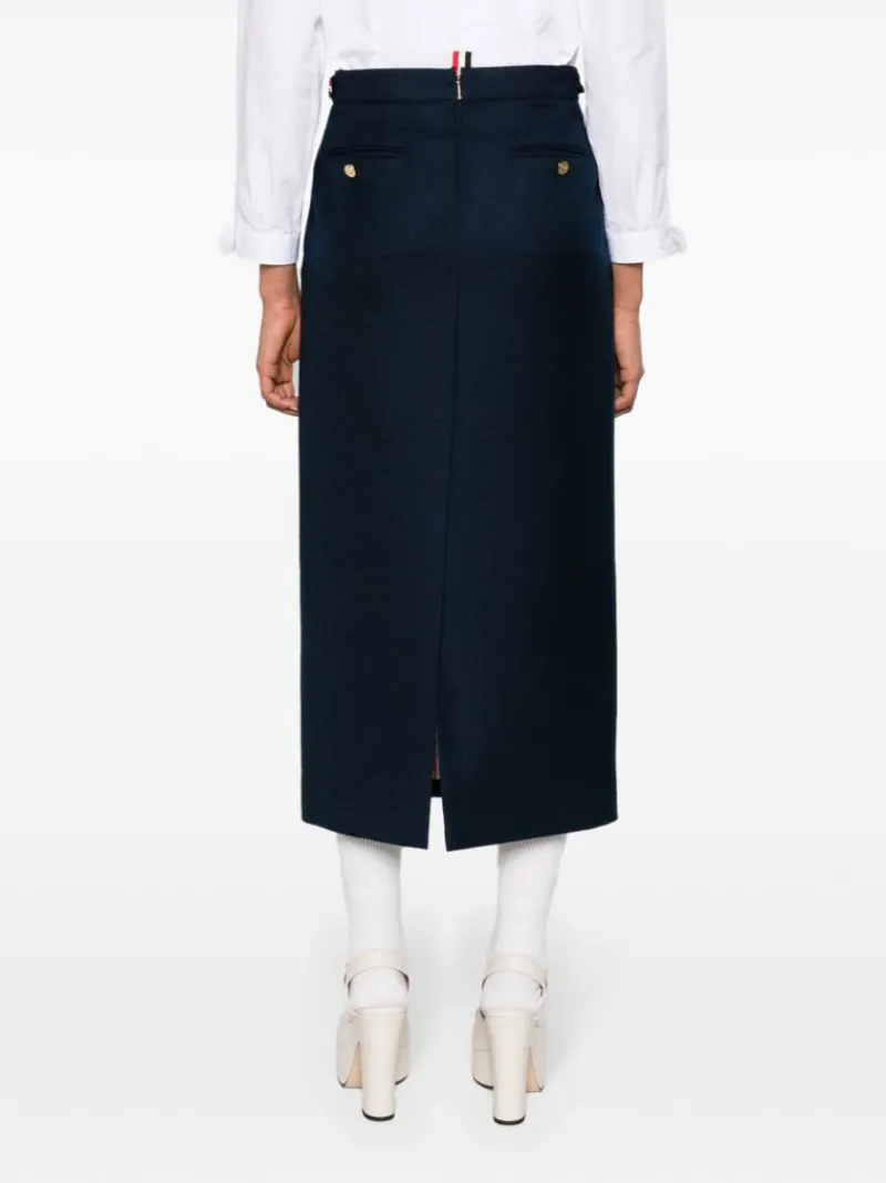 Skirts>THOM BROWNE Calf Legth Side Tab Skirt In Solid Wool Twill
