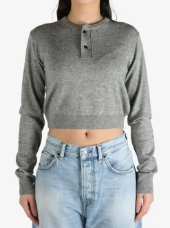 Knitwear>AURALEE Cashmere Silk Knit Henley Neck Pullover
