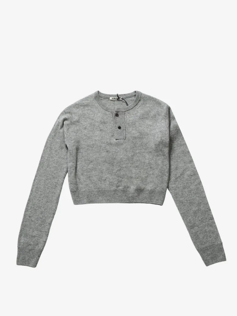 Knitwear>AURALEE Cashmere Silk Knit Henley Neck Pullover