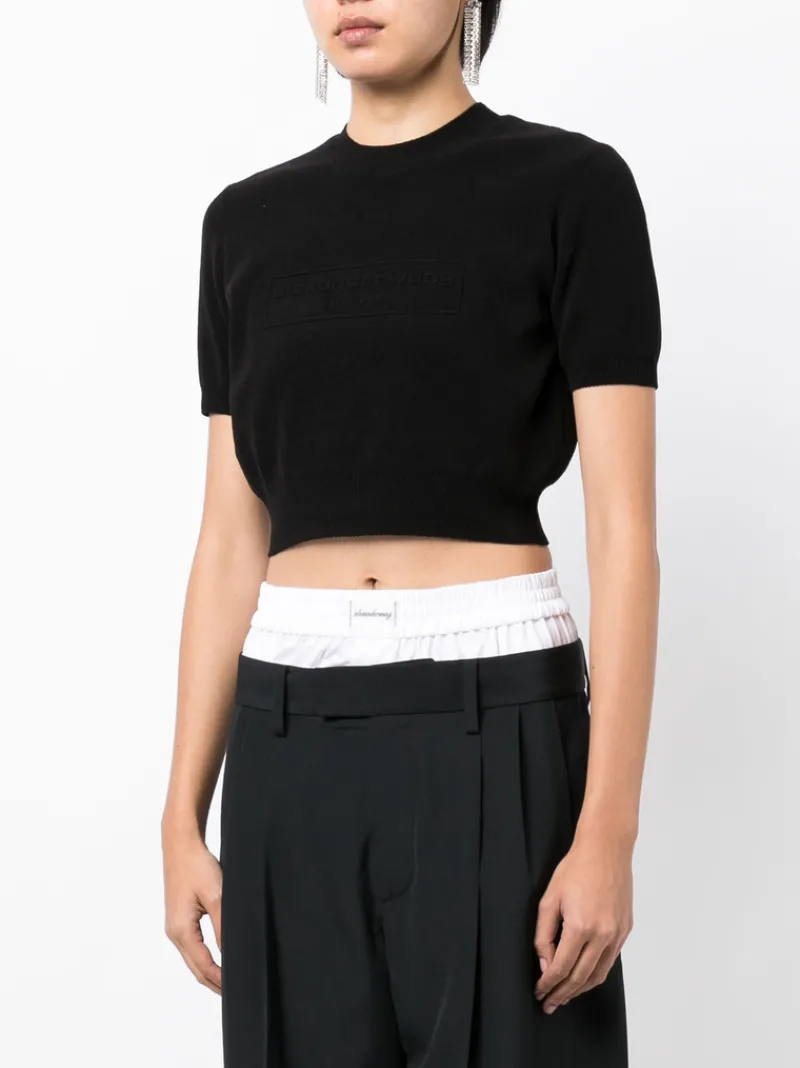 T-shirts>ALEXANDER WANG Embossed Logo Ribbed Short Sleeve Tee