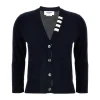 Knitwear>THOM BROWNE Jersey Stitch 3/4 Sleeve W/4 Bar Stripe V Neck Cardigan