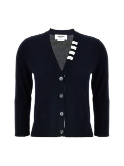 Knitwear>THOM BROWNE Jersey Stitch 3/4 Sleeve W/4 Bar Stripe V Neck Cardigan