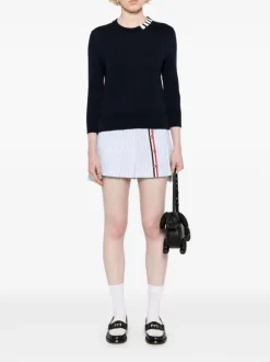 Knitwear>THOM BROWNE Jersey Stitch 3/4 Sleeve Crew Neck Pullover W/4 Bar Intarsia