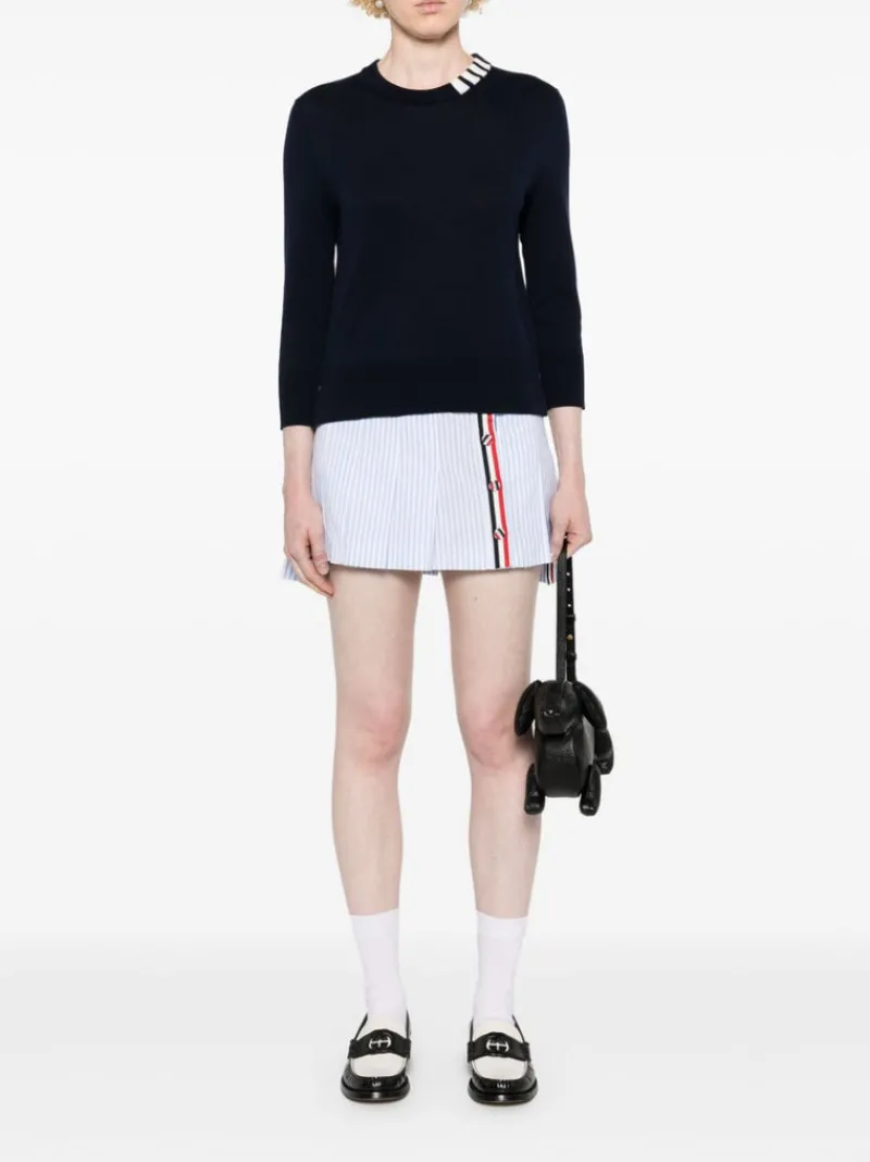 Knitwear>THOM BROWNE Jersey Stitch 3/4 Sleeve Crew Neck Pullover W/4 Bar Intarsia