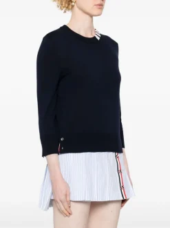Knitwear>THOM BROWNE Jersey Stitch 3/4 Sleeve Crew Neck Pullover W/4 Bar Intarsia