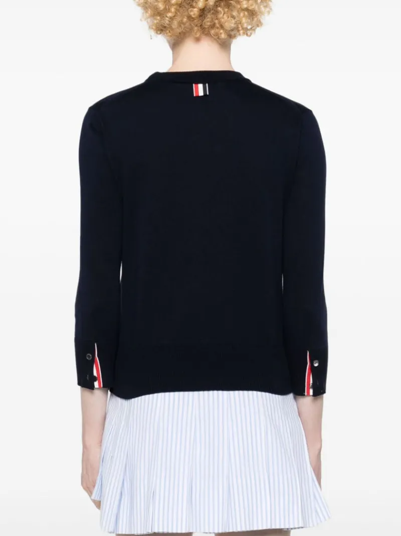 Knitwear>THOM BROWNE Jersey Stitch 3/4 Sleeve Crew Neck Pullover W/4 Bar Intarsia