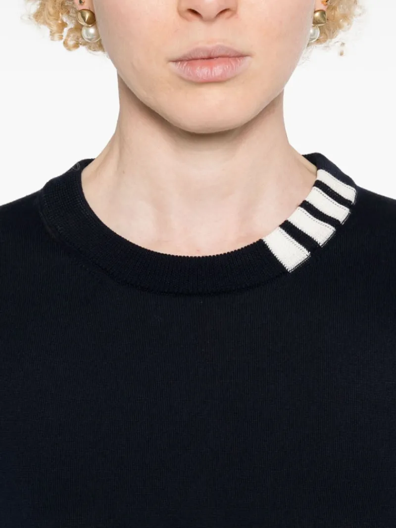 Knitwear>THOM BROWNE Jersey Stitch 3/4 Sleeve Crew Neck Pullover W/4 Bar Intarsia