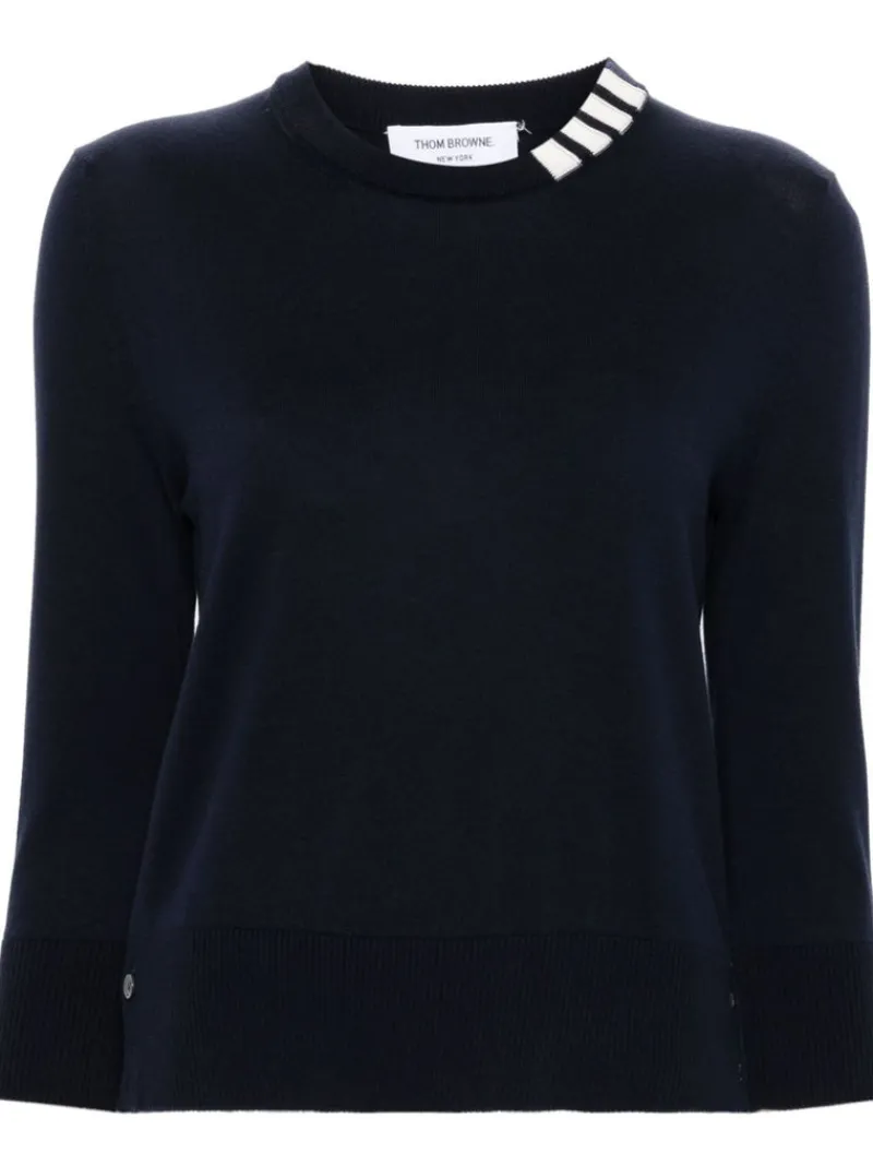 Knitwear>THOM BROWNE Jersey Stitch 3/4 Sleeve Crew Neck Pullover W/4 Bar Intarsia