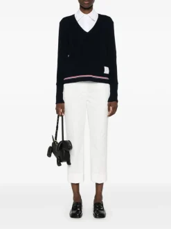 Knitwear>THOM BROWNE Long Sleeve V Neck Top