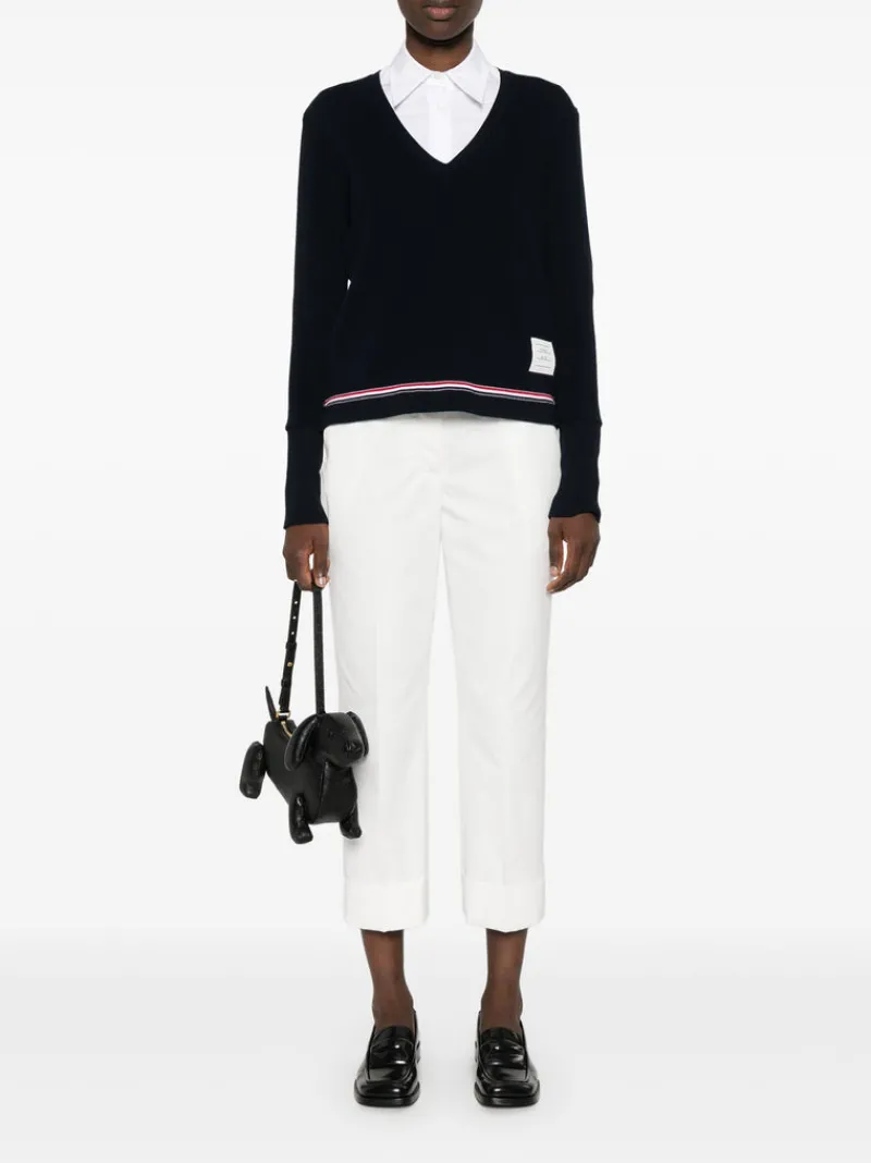 Knitwear>THOM BROWNE Long Sleeve V Neck Top