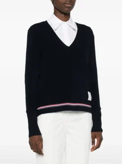 Knitwear>THOM BROWNE Long Sleeve V Neck Top