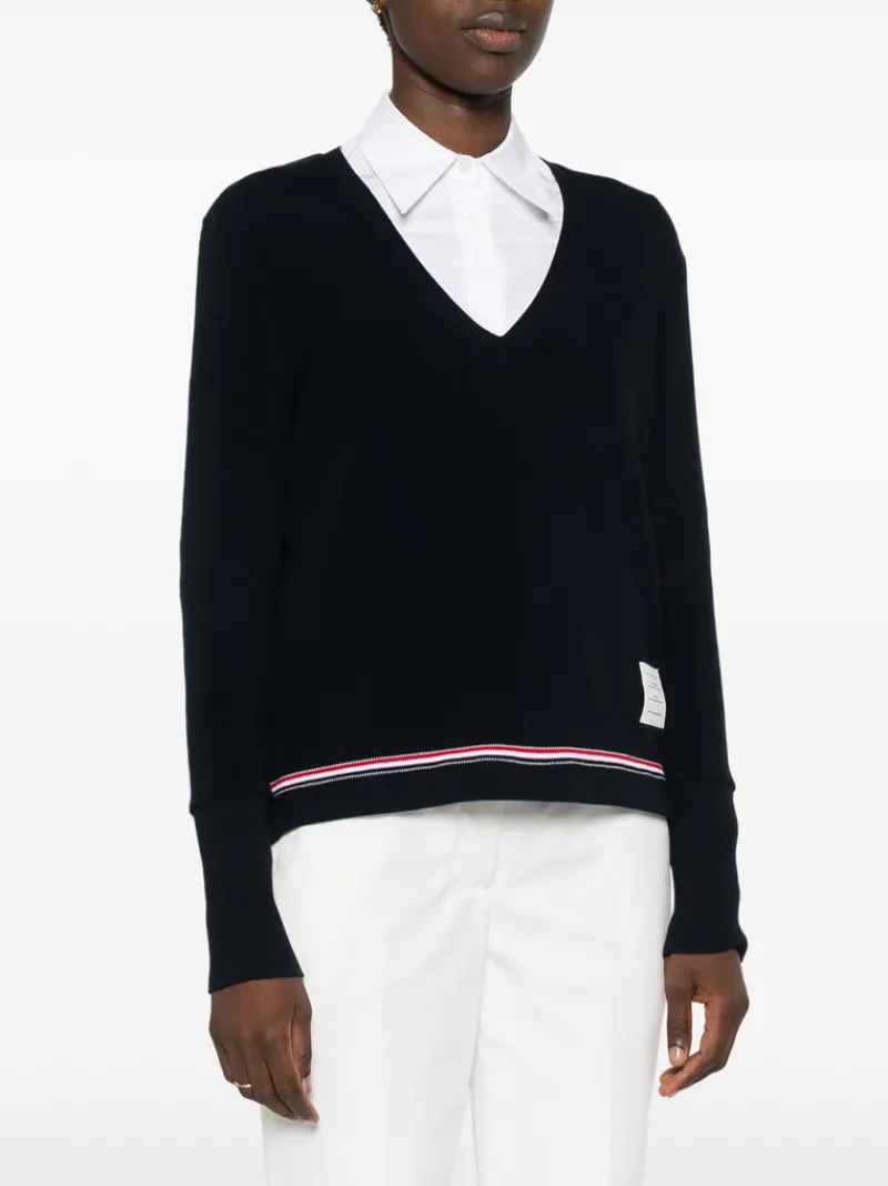 Knitwear>THOM BROWNE Long Sleeve V Neck Top