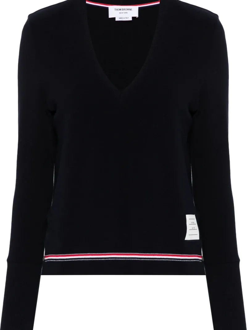 Knitwear>THOM BROWNE Long Sleeve V Neck Top