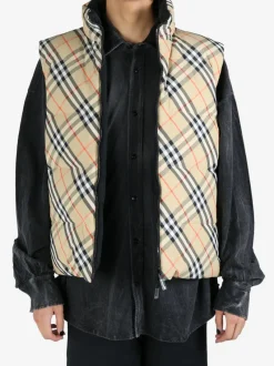 Jackets & Coats>BURBERRY Nylon Check Packable Hood Gilet
