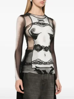 Tops>JEAN PAUL GAULTIER Petit Grand Rib Printed Printed "Body Lace Mariniere" Mesh Top