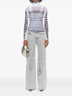 Tops>JEAN PAUL GAULTIER Printed "Feathers Mariniere" Spandex And Mesh Longsleeve Top