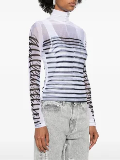 Tops>JEAN PAUL GAULTIER Printed "Feathers Mariniere" Spandex And Mesh Longsleeve Top