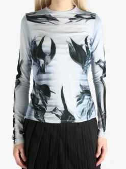 Tops>JEAN PAUL GAULTIER Printed "Flower Body Morphing Mariniere" Mesh Long Sleeves Top