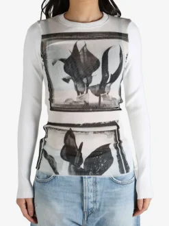 Tops>JEAN PAUL GAULTIER Printed Flowers Sheer Long Sleeved Top