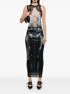 Skirts>JEAN PAUL GAULTIER Printed "Squeletor" Mesh Long Skirt