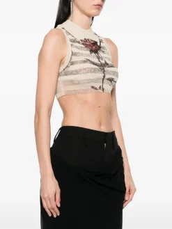 Tops>JEAN PAUL GAULTIER Printed "Tattoo Marinière" Mesh Crop Top