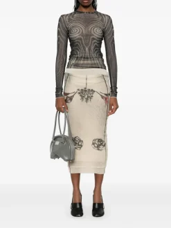 Skirts>JEAN PAUL GAULTIER Printed "Tattoo Rose & Bird" Double Layer Mesh Skirt