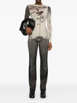 Tops>JEAN PAUL GAULTIER Printed "Tattoo Rose & Bird" Double Layer Mesh Top