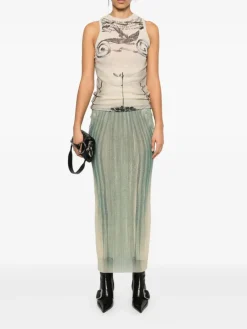 Tops>JEAN PAUL GAULTIER Printed "Tattoo Rose & Bird" Double Layer Mesh Tank Top