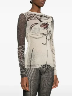 Tops>JEAN PAUL GAULTIER Printed "Tattoo Rose & Bird" Double Layer Mesh Top