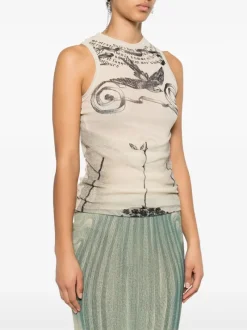 Tops>JEAN PAUL GAULTIER Printed "Tattoo Rose & Bird" Double Layer Mesh Tank Top