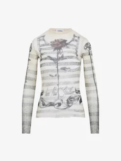Tops>JEAN PAUL GAULTIER Printed"Tattoo Marinière"Rinière" Mesh Long Sleeved Top