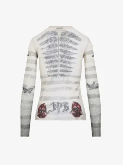 Tops>JEAN PAUL GAULTIER Printed"Tattoo Marinière"Rinière" Mesh Long Sleeved Top