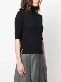 T-shirts>THOM BROWNE Relaxed Fit Ss Turtleneck In Fine Merino Wool W/ 4 Bar Stripes