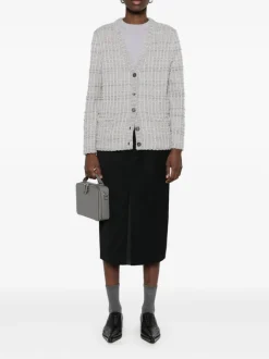 Knitwear>THOM BROWNE Seersucker Knit Tweed Jacquard V Neck Cardigan