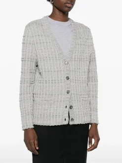 Knitwear>THOM BROWNE Seersucker Knit Tweed Jacquard V Neck Cardigan