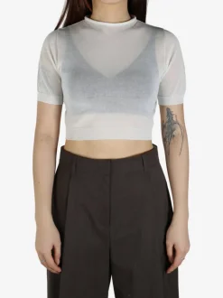 Tops>AMOMENTO Sheer Cropped Knit Top