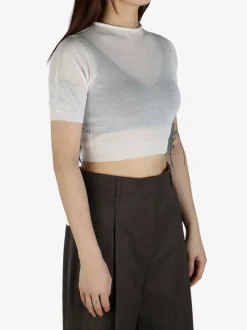Tops>AMOMENTO Sheer Cropped Knit Top