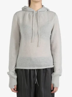 Sweats & Hoodies>AMOMENTO Sheer Drawstring Knit Hoodie