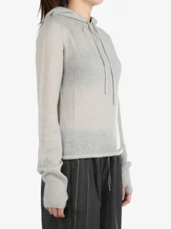 Sweats & Hoodies>AMOMENTO Sheer Drawstring Knit Hoodie