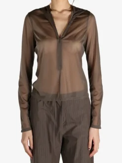 Sweats & Hoodies>AMOMENTO Sheer Hooded Zip Up Jumper
