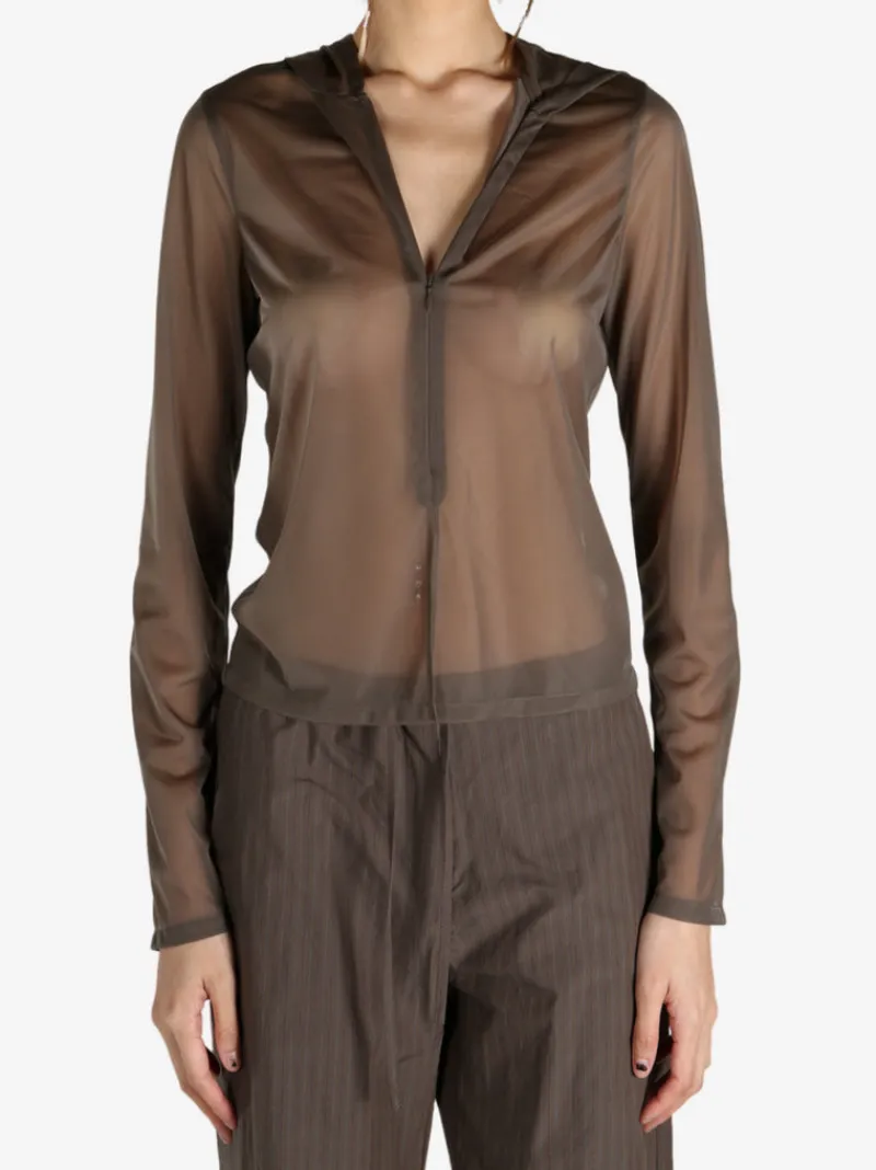 Sweats & Hoodies>AMOMENTO Sheer Hooded Zip Up Jumper