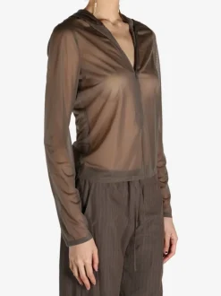 Sweats & Hoodies>AMOMENTO Sheer Hooded Zip Up Jumper