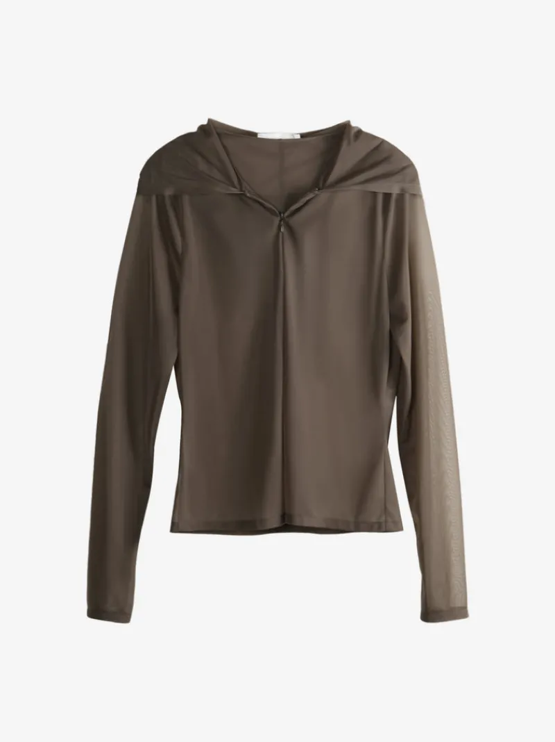 Sweats & Hoodies>AMOMENTO Sheer Hooded Zip Up Jumper