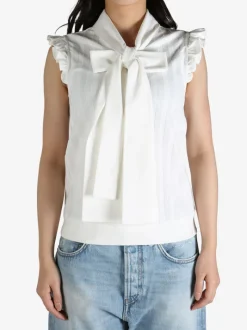 Tops>SHUSHU/TONG Sleeveless Ruffled Top with Bow Tie Detail
