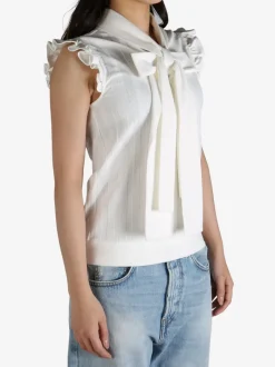 Tops>SHUSHU/TONG Sleeveless Ruffled Top with Bow Tie Detail
