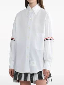 Shirts>THOM BROWNE Supersized Point Collar Shirt W/ Rwb Grosgrain Armbands In Oxford