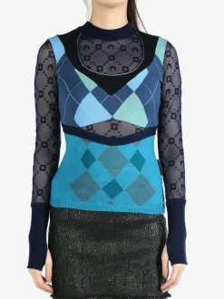Knitwear>MARINE SERRE Upcycled Argyle Knit Fitted Sweater