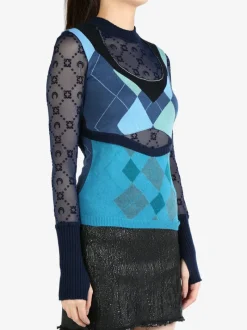 Knitwear>MARINE SERRE Upcycled Argyle Knit Fitted Sweater